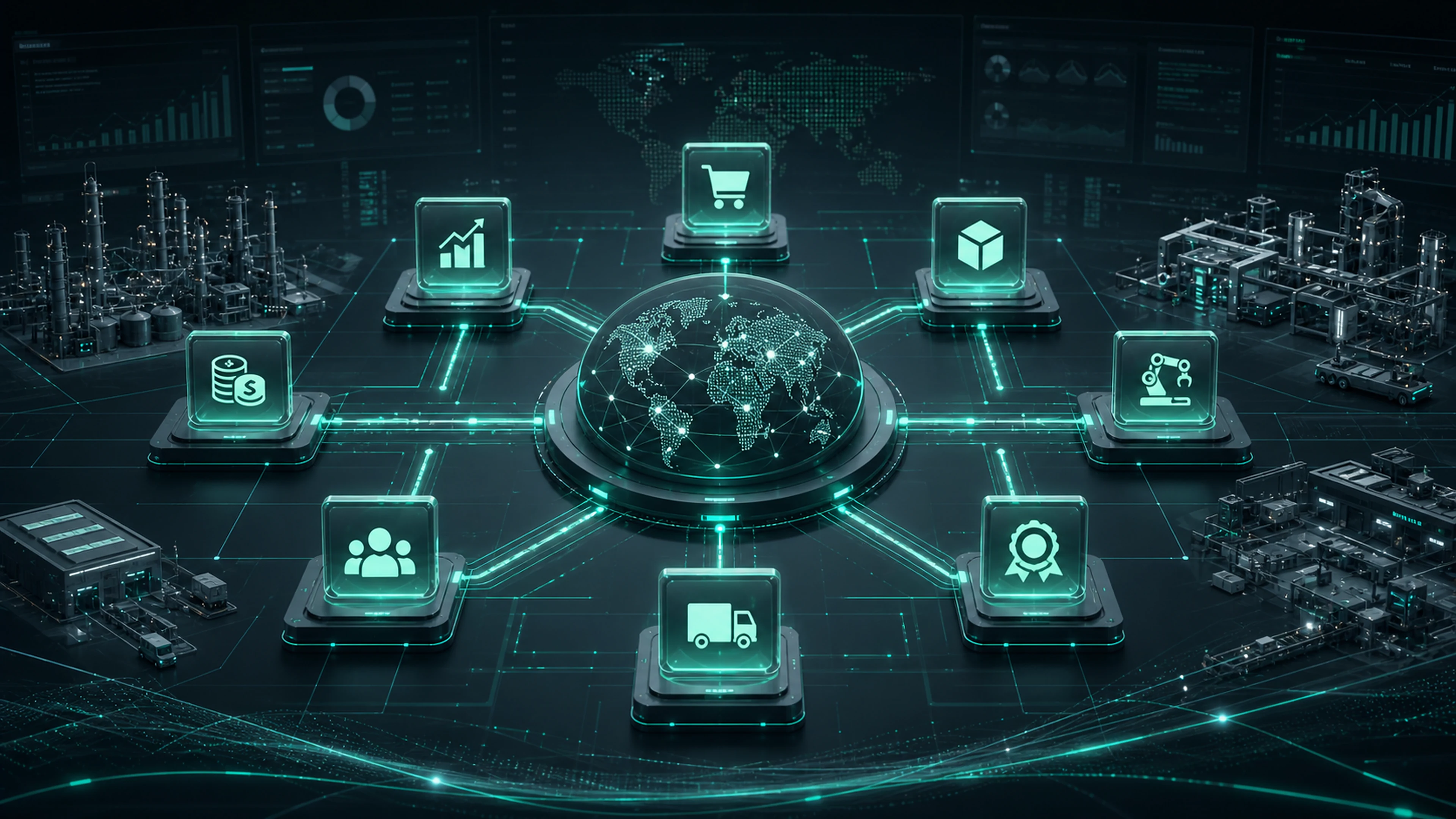 Connected ERP manufacturing network with finance, purchase, inventory, quality, and production control